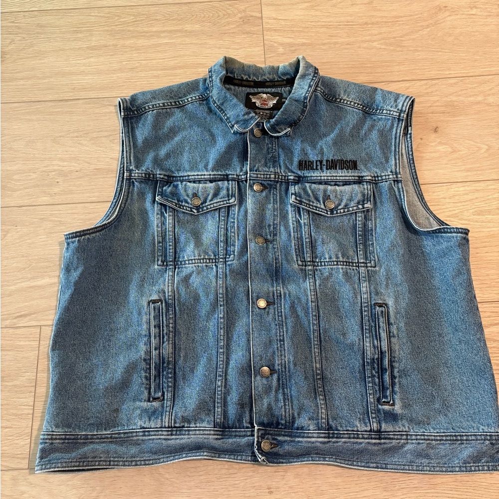 Harley Davidson Motor Clothes Embroidered Patch Denim Jean Jacket Vest Blue 3XL